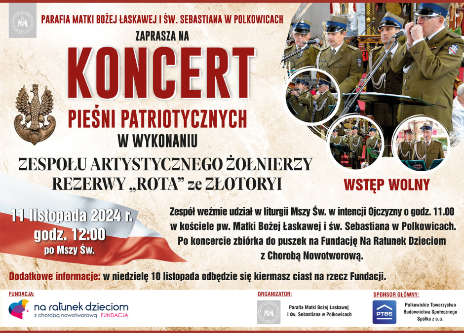Koncert Zespołu Artystycznego Żołnierzy Rezerwy „Rota” 11 listopada godz.&nbsp;12.00
